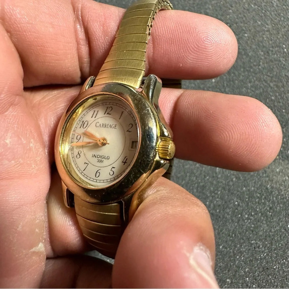 Carriage Indiglo Date Just Ladies Quartz Watch Gold Tone Stretch Band Working - Picture 4 of 10